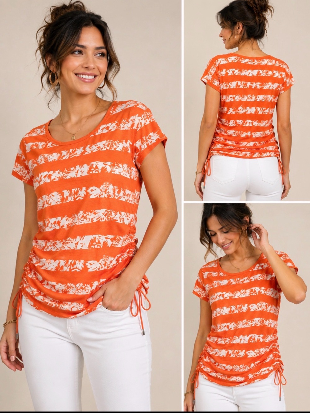 Michael Kors Orange and White Striped Floral Drawstring Short Sleeve Top